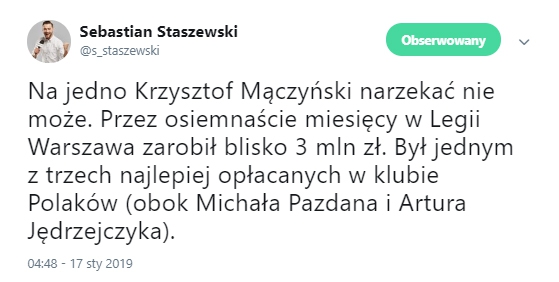 Tyle w 1,5 roku ZAROBIŁ Mączyński w Legii